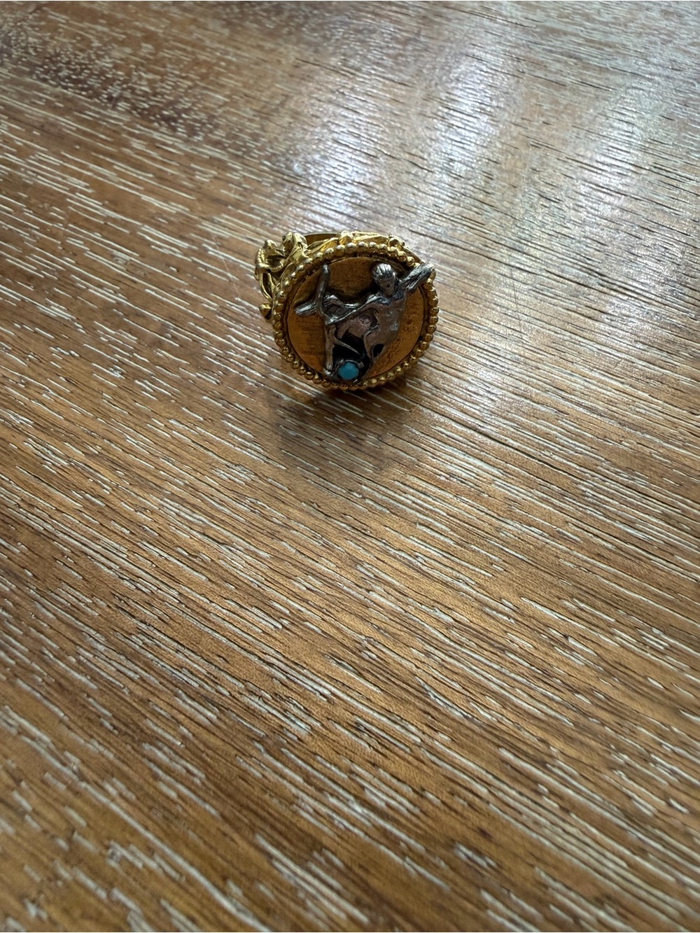 Gold-Tone Round Statement Ring with Turquoise Accent